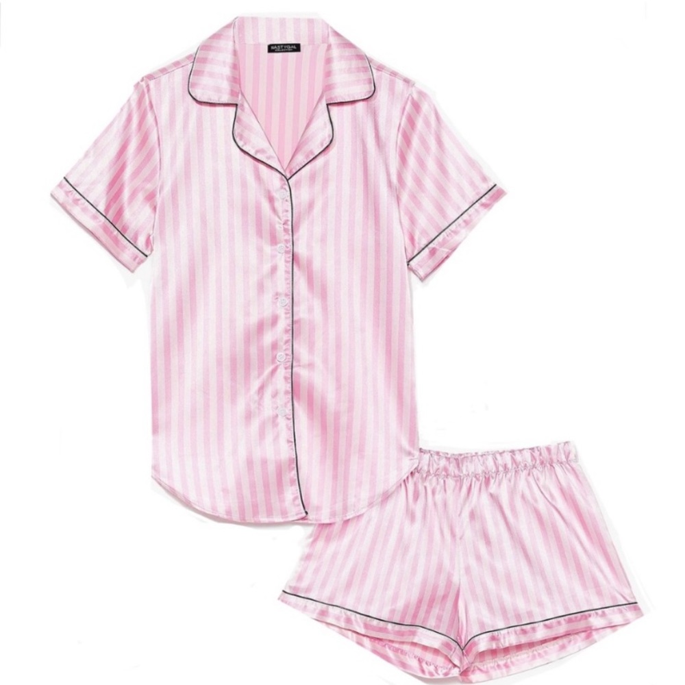 Pink & White Striped Satin Shirt & Shorts Pajama Set US4/UK8